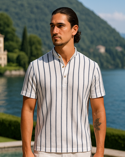 Blouse rayée pour homme – Col officier, manches courtes