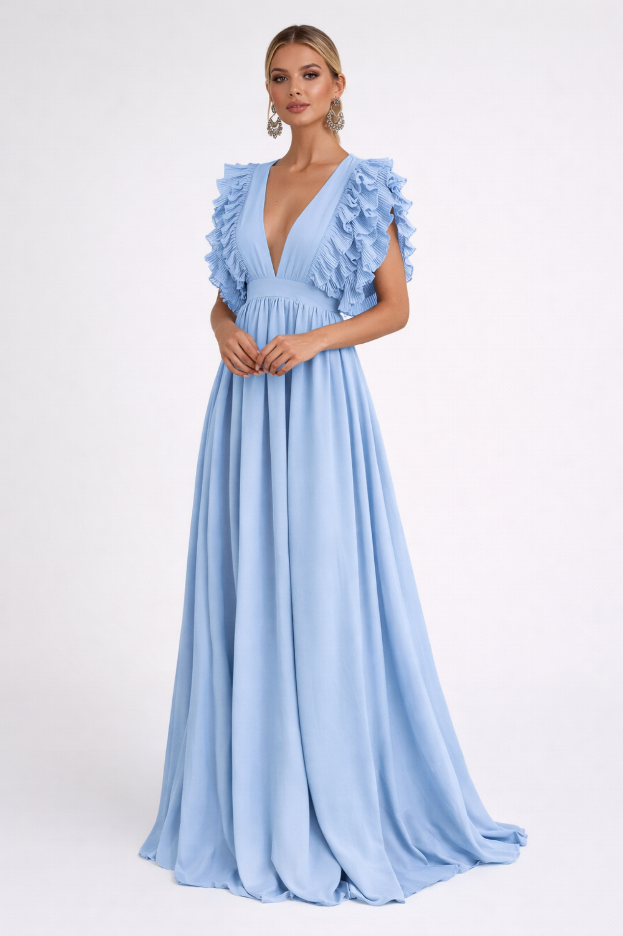 Robe Longue Femme Élégante – Décolleté Plongeant et Volants Romantiques