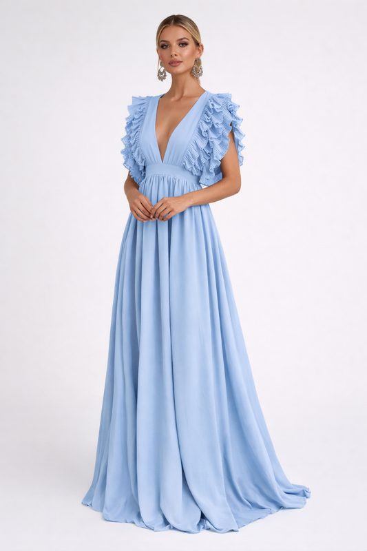 Robe Longue Femme Élégante – Décolleté Plongeant et Volants Romantiques