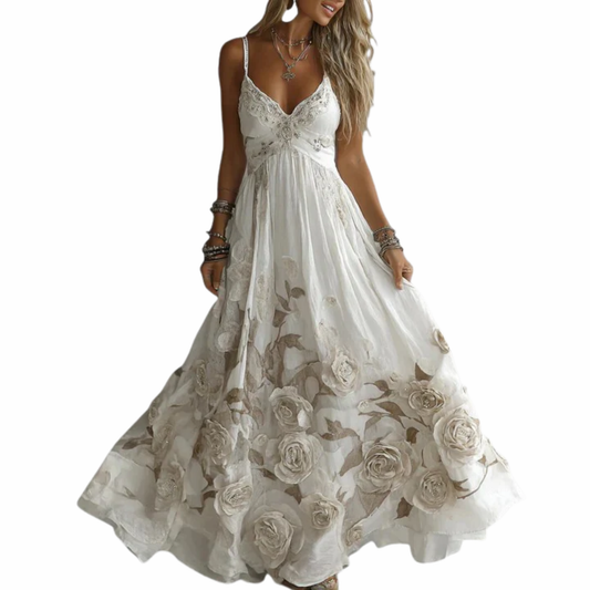 Robe Longue Femme – Bohème Fleurie Col en V, Invitée de Mariage | Robe Maxi Cérémonie
