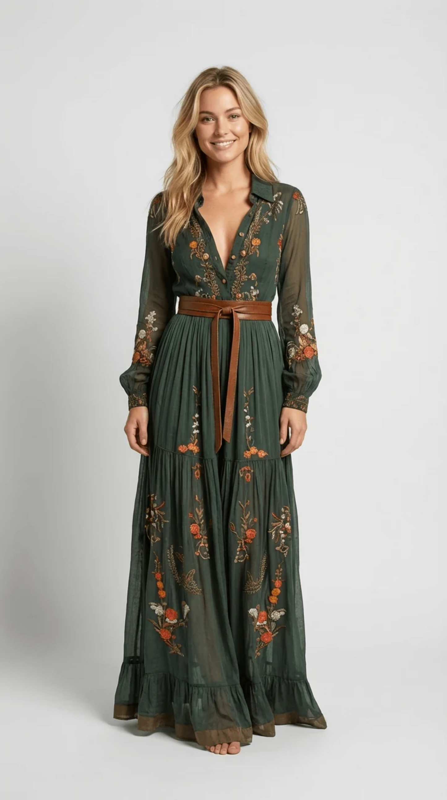Robe Longue Bohème Femme Vert Foncé avec Broderies Florales