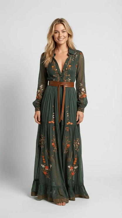 Robe Longue Bohème Femme Vert Foncé avec Broderies Florales