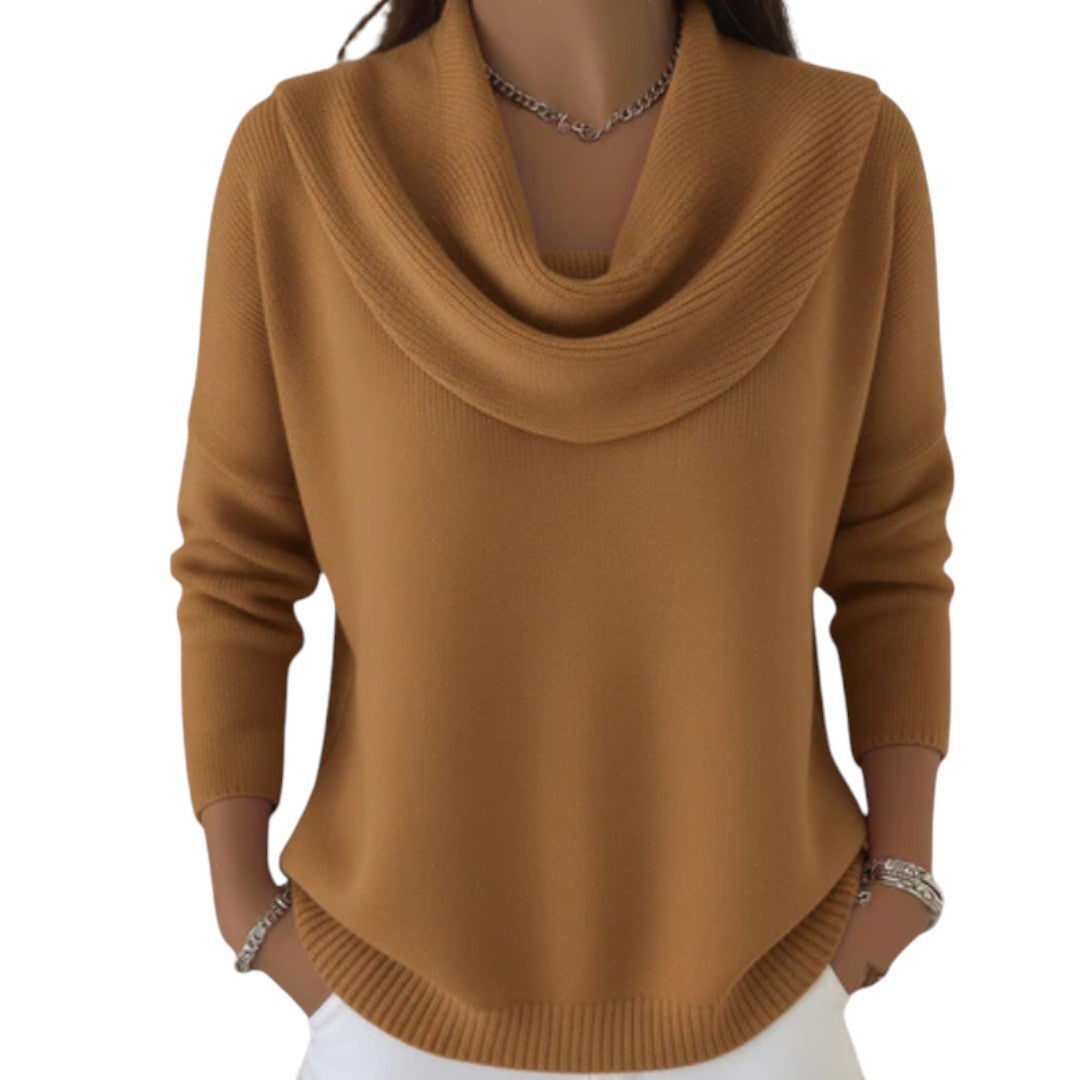 pull femme en maille col drapé, coloris marron