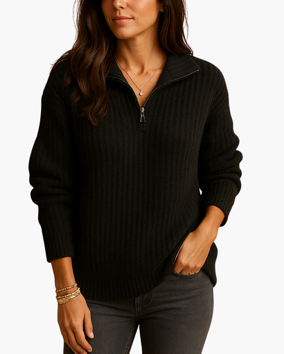 Pull côtelé avec demi-zip et col montant pour femme