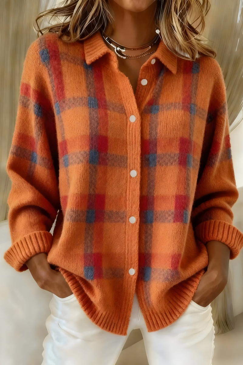 cardigan femme en maille à carreaux, coloris orange