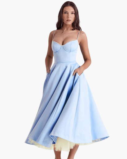 Robe Midi Corset Femme – Coupe Cintrée & Évasée | Cérémonie & Invitée Mariage Chic