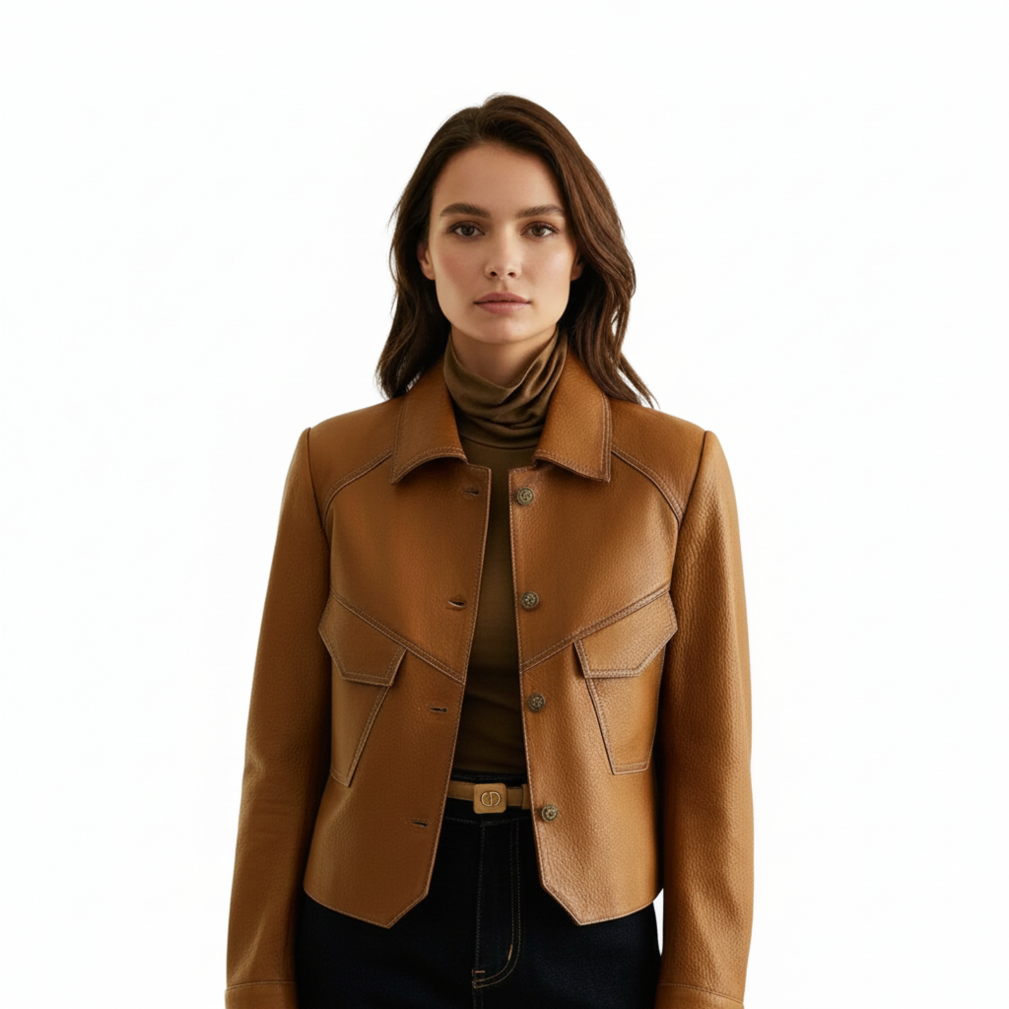 Veste femme aspect cuir marron cintrée, vue de face