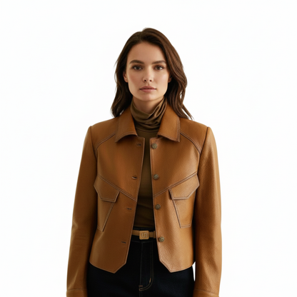Veste femme aspect cuir marron cintrée, vue de face