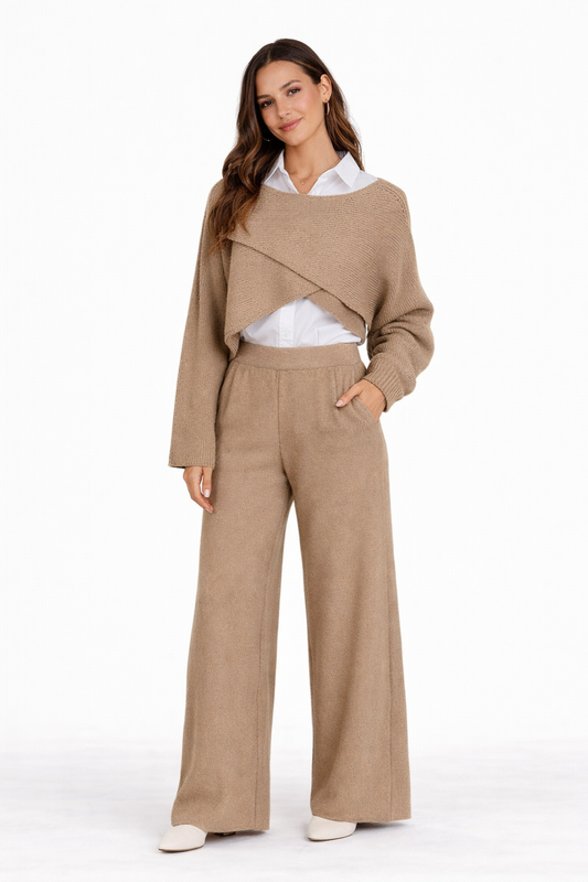 Ensemble Femme 3 Pièces Confortable – Pull Croisé, Chemise Et Pantalon Large