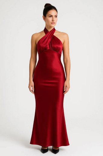 Robe Maxi Satinée Femme Dos-Nu Croisé – Coupe Élégante & Brillante | Invitée de Mariage