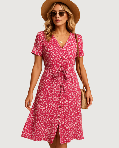 Robe midi à fleurs avec manches courtes et ceinture nouée