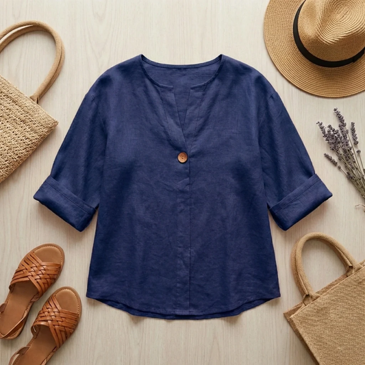 Blouse Femme en Lin – Coupe Fluide et Col en V Élégant | Blouse Respirante