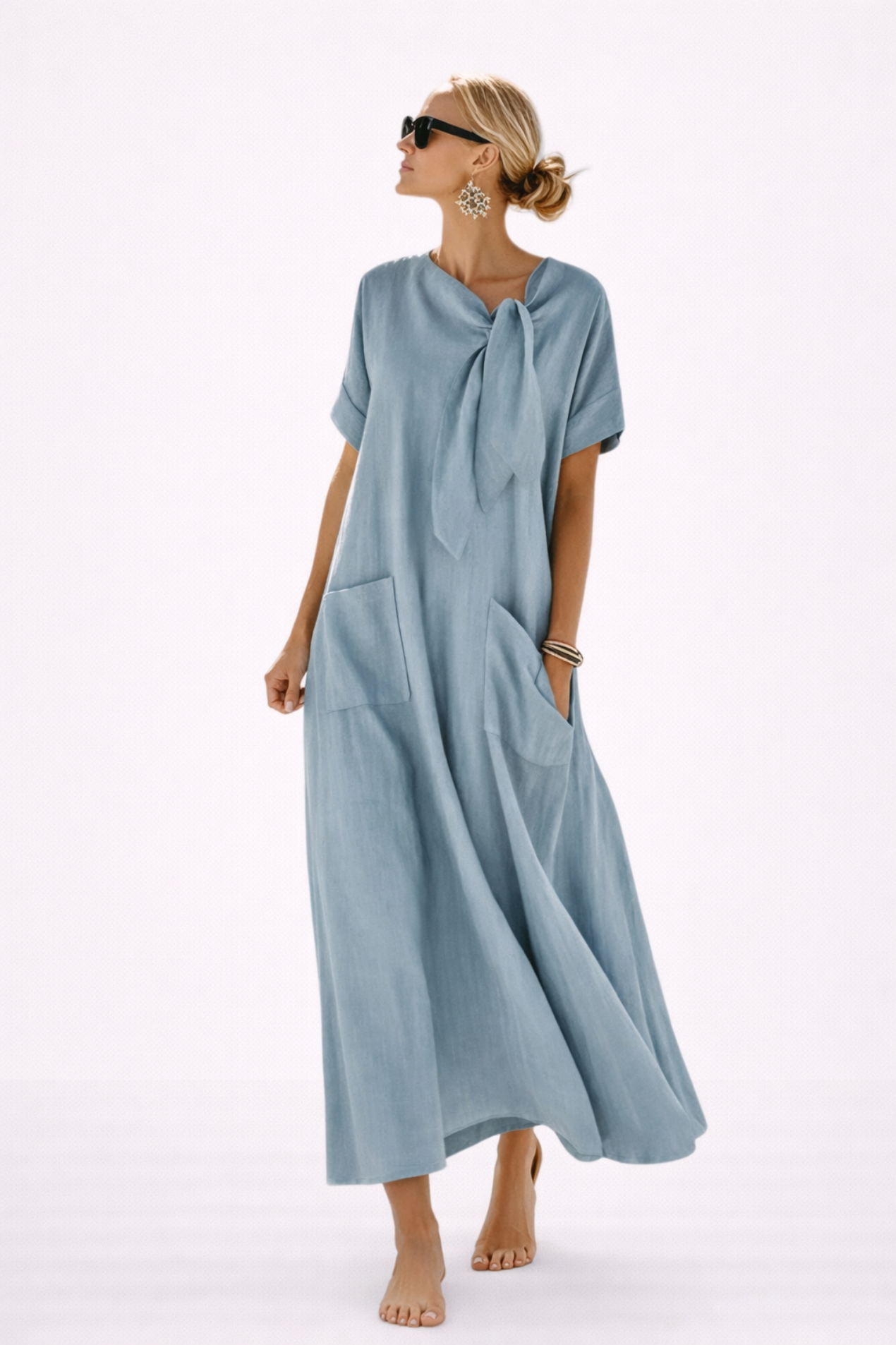 Robe Longue Femme Décontractée – Robe Fluide Avec Nœud et Grandes Poches