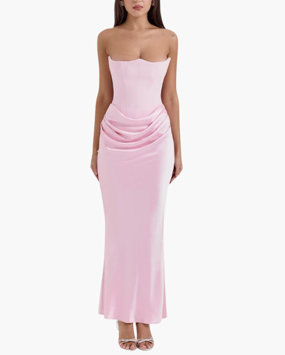 Robe Longue Bustier Satinée – Élégance Romantique Rose Poudré
