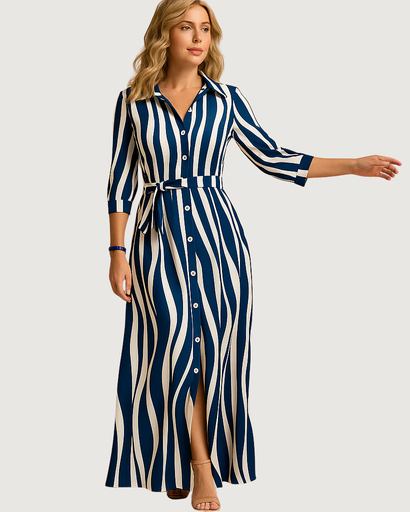 Robe Chemise Longue Élégante – Ceinture Taille et Boutonnage Avant