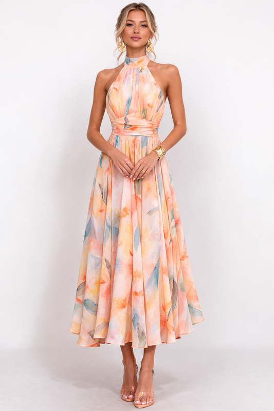 Robe Midi Élégante Femme Col Halter – Robe Fluide Chic Pour Soirée