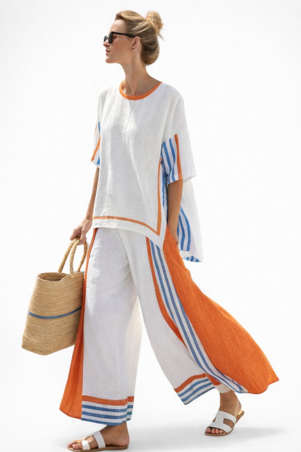 Ensemble Femme Lin Pantalon Large & Tunique Bohème – Tenue Estivale Naturelle | Style Élégant Été