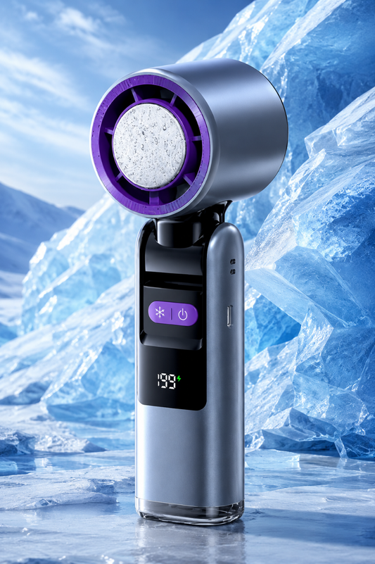 Ventilateur de Cou Pliable 2-en-1 – Poche de Glace, Portable & Mains Libres