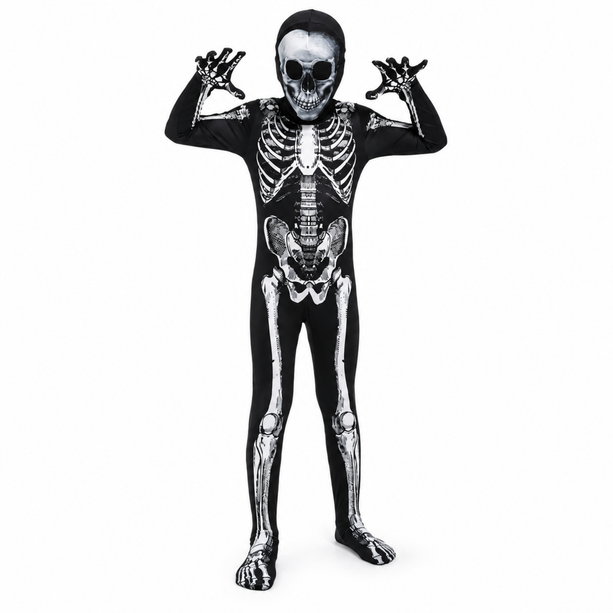 Costume de squelette faucheuse pour enfant, vue de face avec capuche