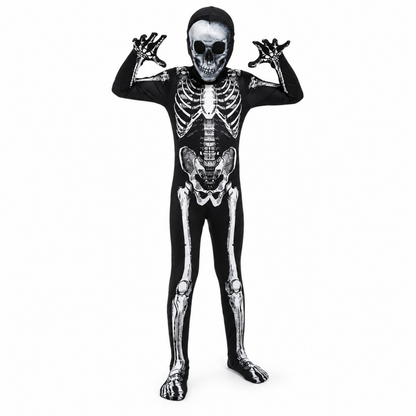 Costume de squelette faucheuse pour enfant, vue de face avec capuche