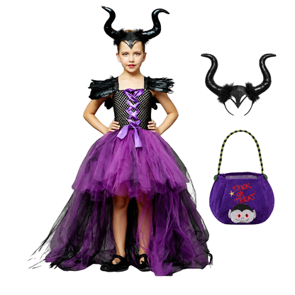 Costume de reine maléfique pour fille avec serre-tête à cornes et sac à bonbons violet, tenue complète