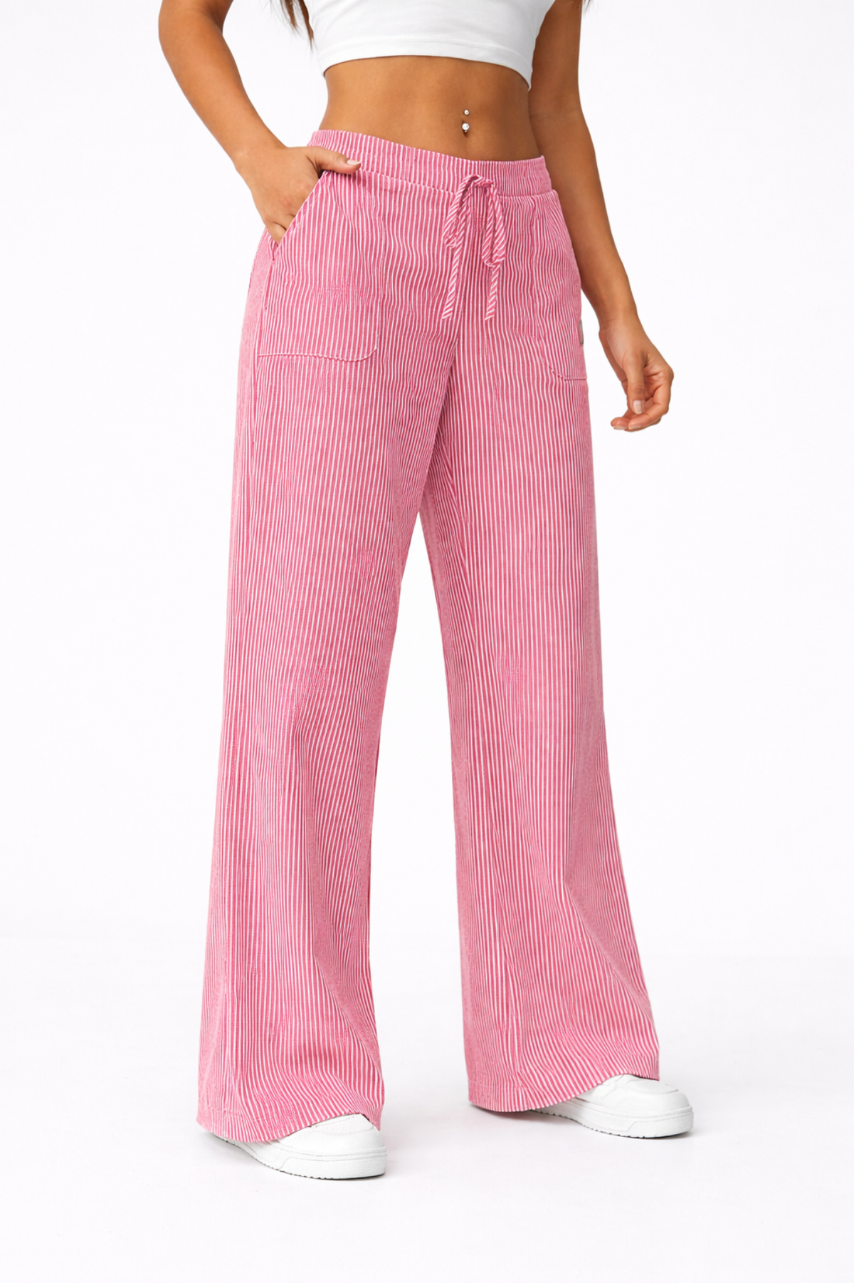 Pantalon femme rayé rose, vue de face