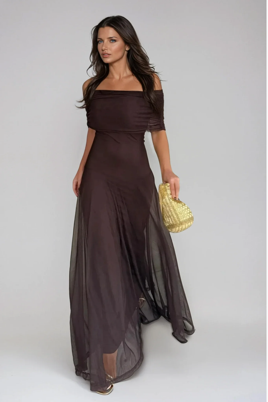 Robe Longue Femme Épaules Dénudées – Robe Élégante Fluide en Maille Transparente