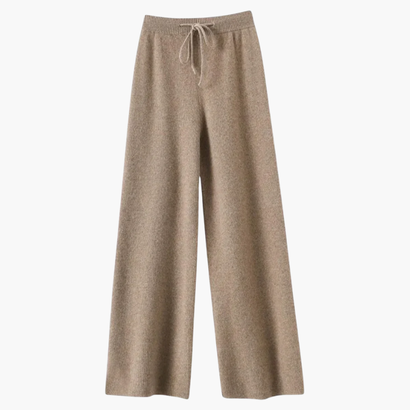 Pantalon large en laine beige à taille haute et cordon de serrage, vue à plat de face