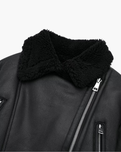 Veste Femme Biker en Cuir Synthétique à Col Moutonné