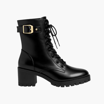 Bottes talons épaisses femme boucle dorée, détail lacets