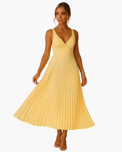 Robe Midi Femme Col V Jupe Plissée – Structurée & Évasée | Cérémonie & Cocktail Élégant
