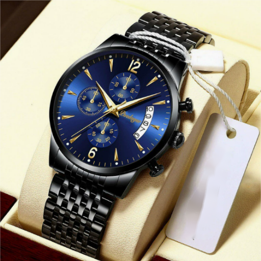 Montre Homme Élégante – Acier Inoxydable Noir & Détails Dorés