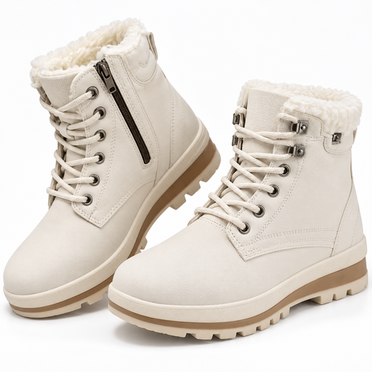Bottes hiver femme coloris beige, paire vue de trois-quarts avec col fourré et zip latéral