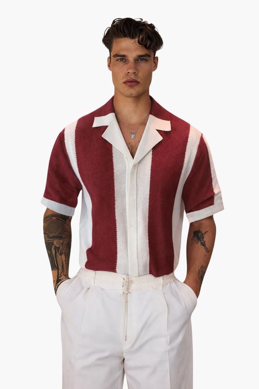Chemise Homme Tricotée Rayée – Style Resort Élégant à Manches Courtes