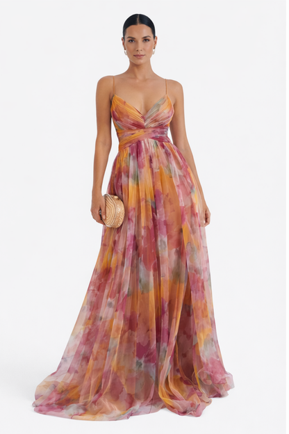 Robe longue élégante femme décolleté v bretelles fines robe soirée fluide imprimé violet