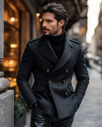 Manteau Croisé Homme en Laine Mélangée – Élégance Discrète Slim Fit