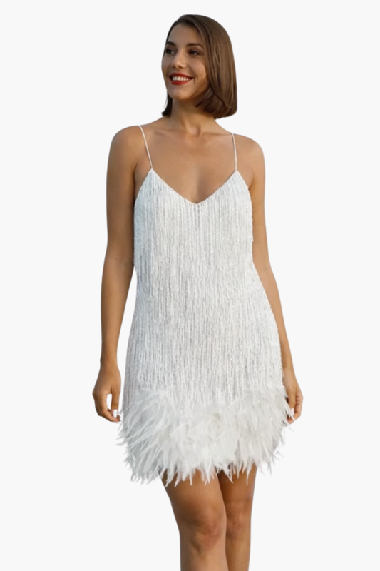 Robe mini femme scintillante à franges – Robe de soirée à sequins avec plumes