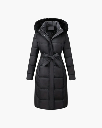 Manteau long femme matelassé avec ceinture et capuche