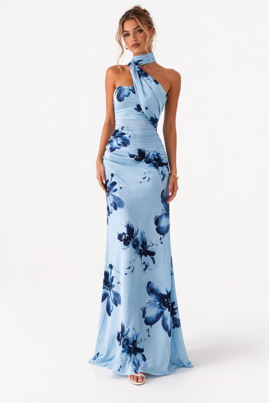 Robe longue asymétrique femme à drapé élégant