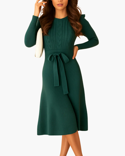 Robe midi en maille avec ceinture et manches longues pour femme