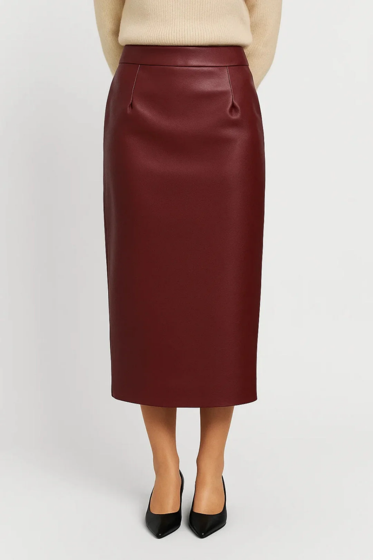 Jupe midi femme effet cuir taille haute