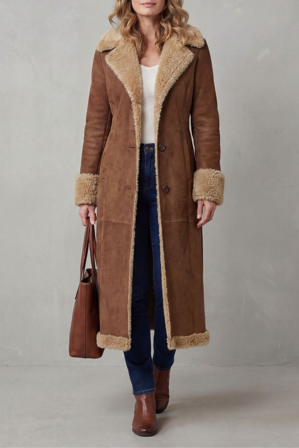 Manteau long femme, détail col structuré à revers