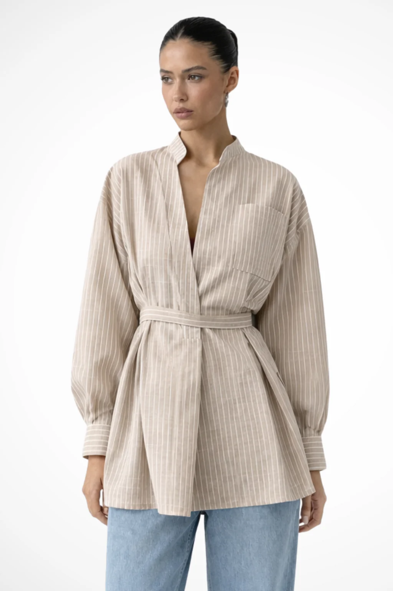 Blouse Femme Rayée à Ceinture – Coupe Fluide Élégante à Manches Longues