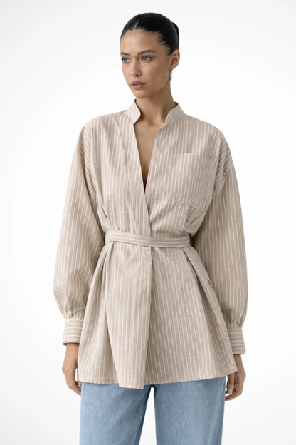 Blouse Femme Rayée à Ceinture – Coupe Fluide Élégante à Manches Longues