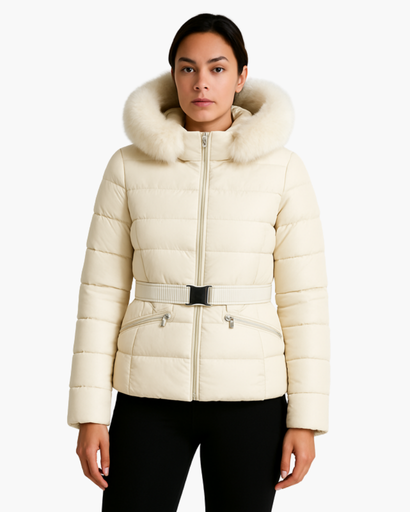 Doudoune Femme Ceinturée avec Capuche en Fausse Fourrure – Élégance & Chaleur