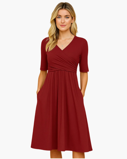 Robe Midi Trapèze Femme Col V – Coupe Flatteuse & Ventre Plat | Cérémonie & Soirée Chic
