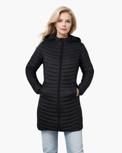 Manteau long matelassé à capuche pour femme