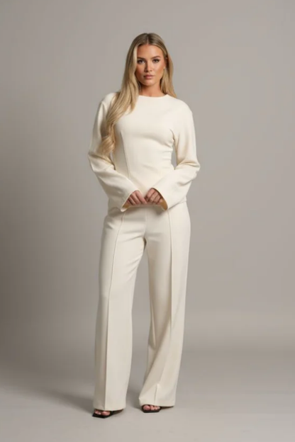 Ensemble Femme Élégant – Haut Ajusté à Manches Longues et Pantalon Large