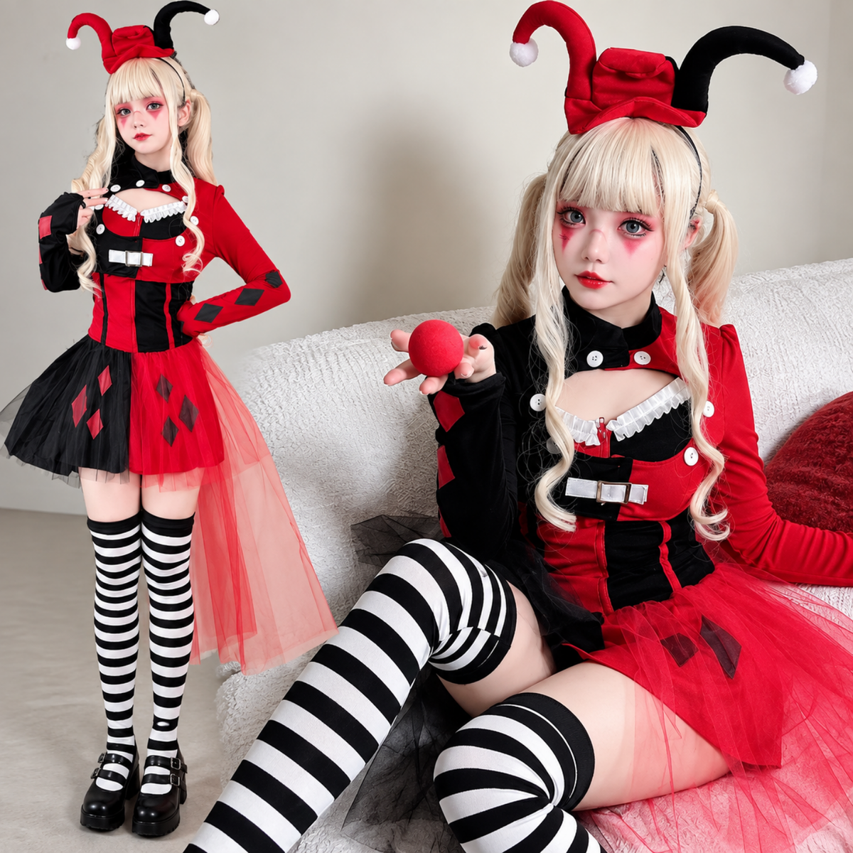 Costume d'arlequin rouge et noir, vue de face