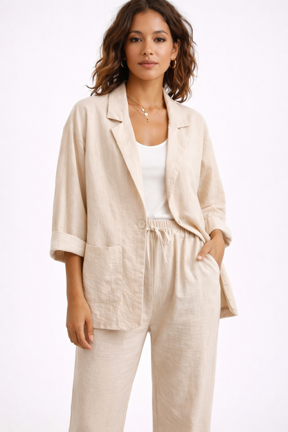 Ensemble Tailleur Femme Lin Blazer & Pantalon – Tenue Bureau Élégante | Invitée de Mariage & Style Été